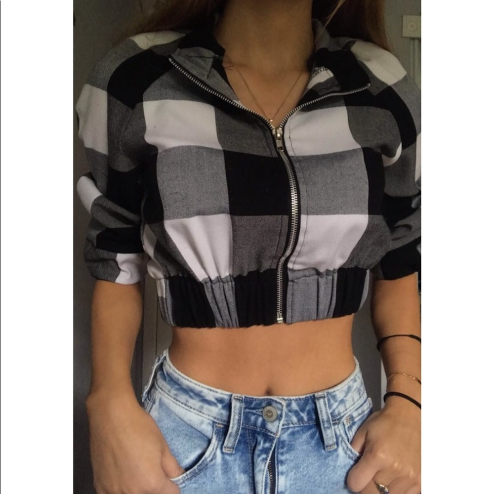 Toy Box Plaid Cropped Zip up Top